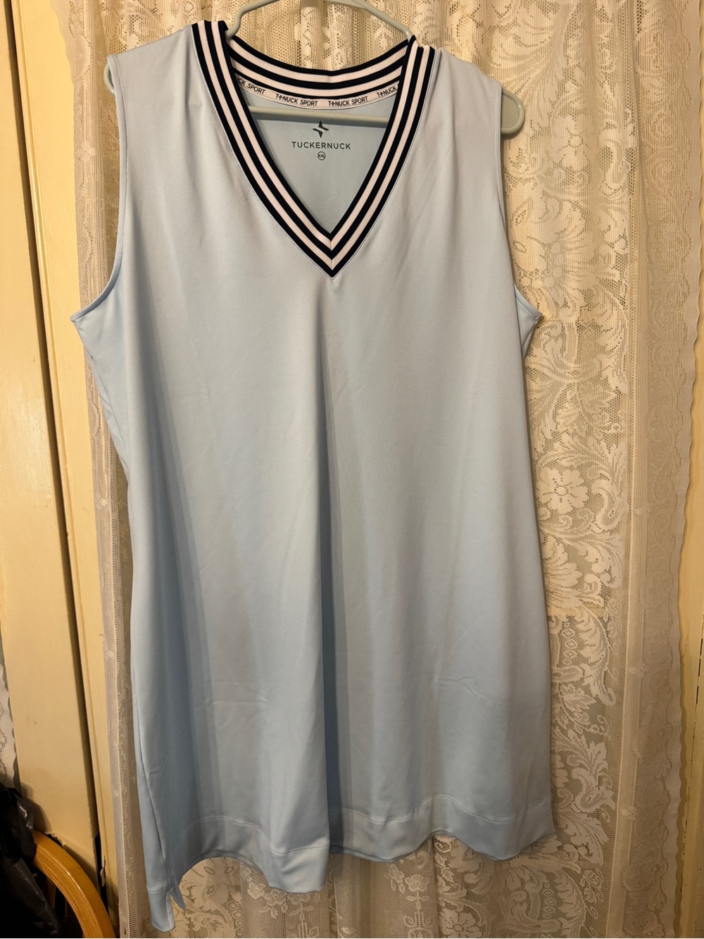 Tuckernuck Light Blue V‑Neck Sleeveless Tank with Navy & White Trim
